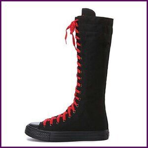 Canvas Knee Boots with Platform, Lace Up & Zip Closure, Dance Fashion